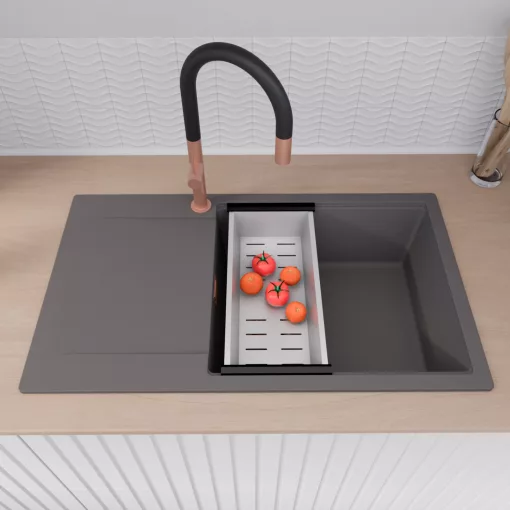 HD Onyx Antracit 86-XL egymedencés gránit mosogatótálca szett, csepegtetőtálcával, vágódeszkával, matt fekete csepegtetőráccsal és krómozott kosárral, matt antracit színben, szálcsiszolt réz leeresztő szifonnal