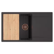 HD Onyx Antracit 86-XL egymedencés gránit mosogatótálca szett, csepegtetőtálcával, vágódeszkával, matt fekete csepegtetőráccsal, matt antracit színben, szálcsiszolt réz leeresztő szifonnal