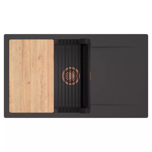 HD Onyx Antracit 86-XL egymedencés gránit mosogatótálca szett, csepegtetőtálcával, vágódeszkával, matt fekete csepegtetőráccsal, matt antracit színben, szálcsiszolt réz leeresztő szifonnal