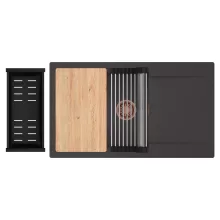 HD Onyx Antracit 86-XL egymedencés gránit mosogatótálca szett, csepegtetőtálcával, vágódeszkával, acél csepegtetőráccsal és matt fekete kosárral, matt antracit színben, szálcsiszolt réz leeresztő szifonnal