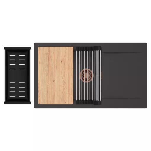 HD Onyx Antracit 86-XL egymedencés gránit mosogatótálca szett, csepegtetőtálcával, vágódeszkával, acél csepegtetőráccsal és matt fekete kosárral, matt antracit színben, szálcsiszolt réz leeresztő szifonnal
