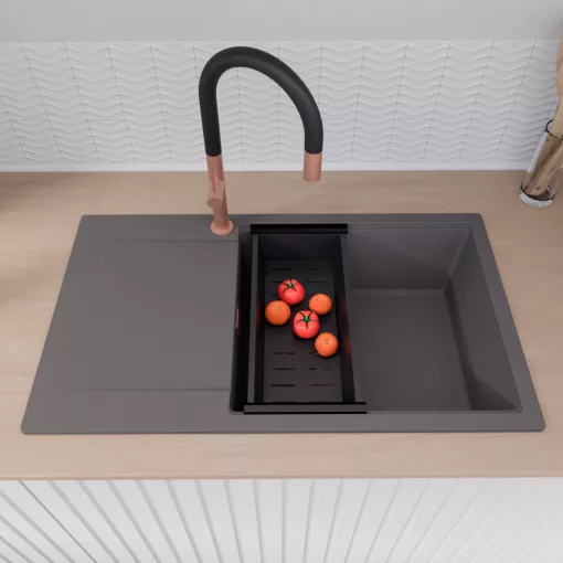 HD Onyx Antracit 86-XL egymedencés gránit mosogatótálca szett, csepegtetőtálcával, vágódeszkával, acél csepegtetőráccsal és matt fekete kosárral, matt antracit színben, szálcsiszolt réz leeresztő szifonnal