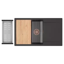 HD Onyx Antracit 86-XL egymedencés gránit mosogatótálca szett, csepegtetőtálcával, vágódeszkával, acél csepegtetőráccsal és kosárral, matt antracit színben, szálcsiszolt réz leeresztő szifonnal