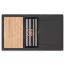 HD Onyx Antracit 86-XL egymedencés gránit mosogatótálca szett, csepegtetőtálcával, vágódeszkával, acél csepegtetőráccsal, matt antracit színben, szálcsiszolt réz leeresztő szifonnal