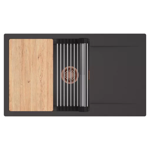 HD Onyx Antracit 86-XL egymedencés gránit mosogatótálca szett, csepegtetőtálcával, vágódeszkával, acél csepegtetőráccsal, matt antracit színben, szálcsiszolt réz leeresztő szifonnal