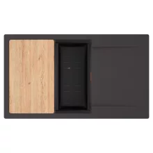 HD Onyx Antracit 86-XL egymedencés gránit mosogatótálca szett, csepegtetőtálcával, vágódeszkával, matt fekete csepegtetőkosárral, matt antracit színben, szálcsiszolt réz leeresztő szifonnal