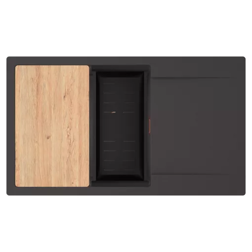 HD Onyx Antracit 86-XL egymedencés gránit mosogatótálca szett, csepegtetőtálcával, vágódeszkával, matt fekete csepegtetőkosárral, matt antracit színben, szálcsiszolt réz leeresztő szifonnal