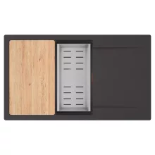 HD Onyx Antracit 86-XL egymedencés gránit mosogatótálca szett, csepegtetőtálcával, vágódeszkával, acél csepegtetőkosárral, matt antracit színben, szálcsiszolt réz leeresztő szifonnal