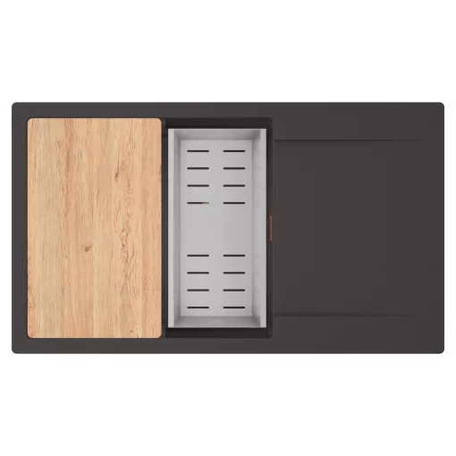 HD Onyx Antracit 86-XL egymedencés gránit mosogatótálca szett, csepegtetőtálcával, vágódeszkával, acél csepegtetőkosárral, matt antracit színben, szálcsiszolt réz leeresztő szifonnal