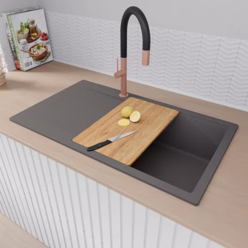 HD Onyx Antracit 86-XL egymedencés gránit mosogatótálca szett, csepegtetőtálcával, vágódeszkával, acél csepegtetőkosárral, matt antracit színben, szálcsiszolt réz leeresztő szifonnal