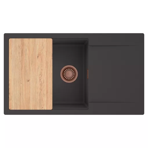 HD Onyx Antracit 86-XL egymedencés gránit mosogatótálca, vágódeszkával, matt antracit színben, szálcsiszolt réz leeresztő szifonnal