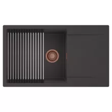 HD Onyx Antracit 86-XL egymedencés mosogatótálca szett, acél csepegtetőráccsal, csepegtetőtálcával, matt antracit színben, szálcsiszolt réz leeresztő szifonnal