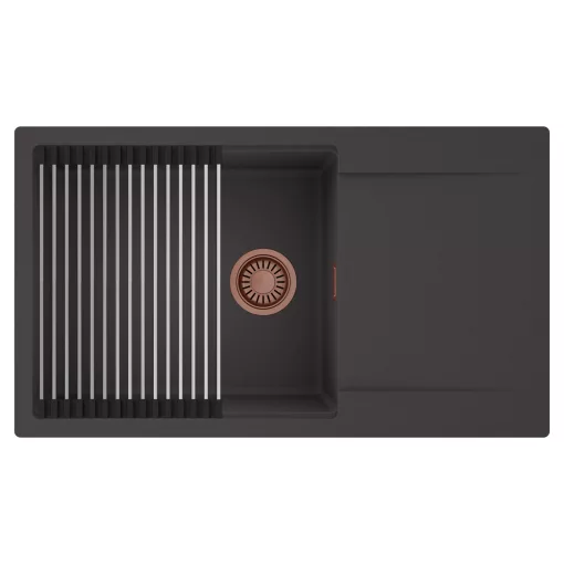 HD Onyx Antracit 86-XL egymedencés mosogatótálca szett, acél csepegtetőráccsal, csepegtetőtálcával, matt antracit színben, szálcsiszolt réz leeresztő szifonnal