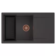 HD Onyx Antracit 86-XL egymedencés mosogatótálca szett, matt fekete csepegtetőkosárral, csepegtetőtálcával, matt antracit színben, szálcsiszolt réz leeresztő szifonnal