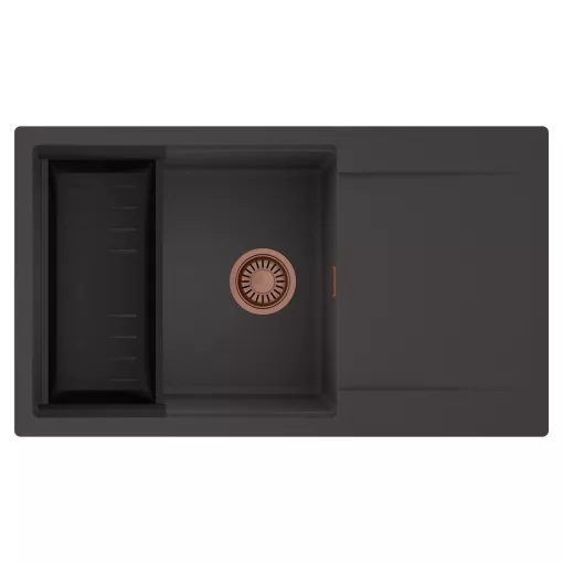 HD Onyx Antracit 86-XL egymedencés mosogatótálca szett, matt fekete csepegtetőkosárral, csepegtetőtálcával, matt antracit színben, szálcsiszolt réz leeresztő szifonnal