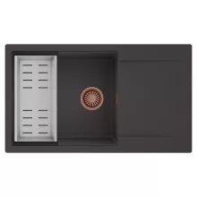 HD Onyx Antracit 86-XL egymedencés mosogatótálca szett, acél csepegtetőkosárral, csepegtetőtálcával, matt antracit színben, szálcsiszolt réz leeresztő szifonnal