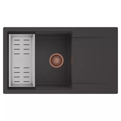 HD Onyx Antracit 86-XL egymedencés mosogatótálca szett, acél csepegtetőkosárral, csepegtetőtálcával, matt antracit színben, szálcsiszolt réz leeresztő szifonnal