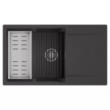 HD Onyx Antracit 86-XL egymedencés mosogatótálca szett, matt fekete csepegtetőráccsal és krómozott kosárral, csepegtetőtálcával, matt antracit színben