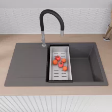 HD Onyx Antracit 86-XL egymedencés mosogatótálca szett, matt fekete csepegtetőráccsal és krómozott kosárral, csepegtetőtálcával, matt antracit színben