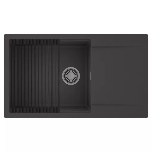 HD Onyx Antracit 86-XL egymedencés mosogatótálca szett, matt fekete csepegtetőráccsal, csepegtetőtálcával, matt antracit színben