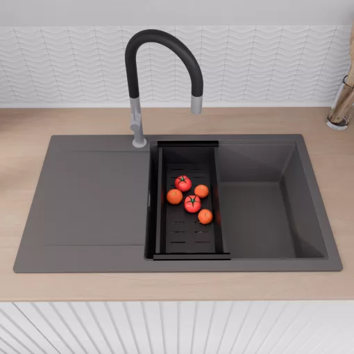 HD Onyx Antracit 86-XL egymedencés gránit mosogatótálca szett, csepegtetőtálcával, vágódeszkával, matt fekete csepegtetőráccsal és kosárral, matt antracit színben