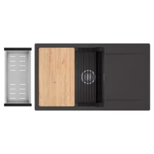 HD Onyx Antracit 86-XL egymedencés gránit mosogatótálca szett, csepegtetőtálcával, vágódeszkával, matt fekete csepegtetőráccsal és krómozott kosárral, matt antracit színben