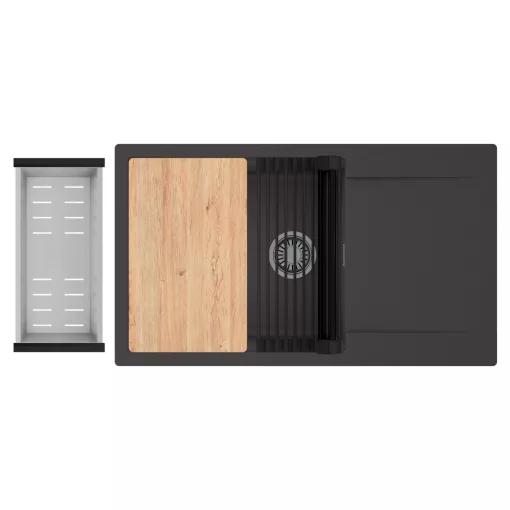 HD Onyx Antracit 86-XL egymedencés gránit mosogatótálca szett, csepegtetőtálcával, vágódeszkával, matt fekete csepegtetőráccsal és krómozott kosárral, matt antracit színben