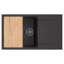 HD Onyx Antracit 86-XL egymedencés gránit mosogatótálca szett, csepegtetőtálcával, vágódeszkával, matt fekete csepegtetőráccsal, matt antracit színben