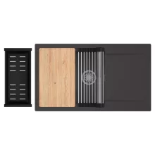 HD Onyx Antracit 86-XL egymedencés gránit mosogatótálca szett, csepegtetőtálcával, vágódeszkával, acél csepegtetőráccsal és matt fekete kosárral, matt antracit színben