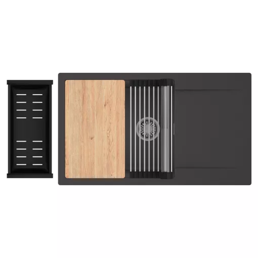 HD Onyx Antracit 86-XL egymedencés gránit mosogatótálca szett, csepegtetőtálcával, vágódeszkával, acél csepegtetőráccsal és matt fekete kosárral, matt antracit színben