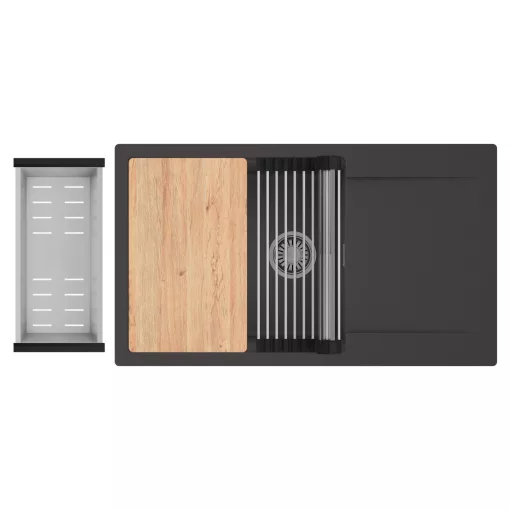 HD Onyx Antracit 86-XL egymedencés gránit mosogatótálca szett, csepegtetőtálcával, vágódeszkával, acél csepegtetőráccsal és kosárral, matt antracit színben