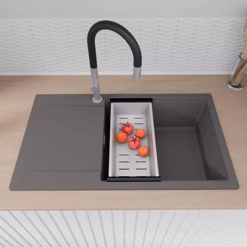 HD Onyx Antracit 86-XL egymedencés gránit mosogatótálca szett, csepegtetőtálcával, vágódeszkával, acél csepegtetőráccsal és kosárral, matt antracit színben