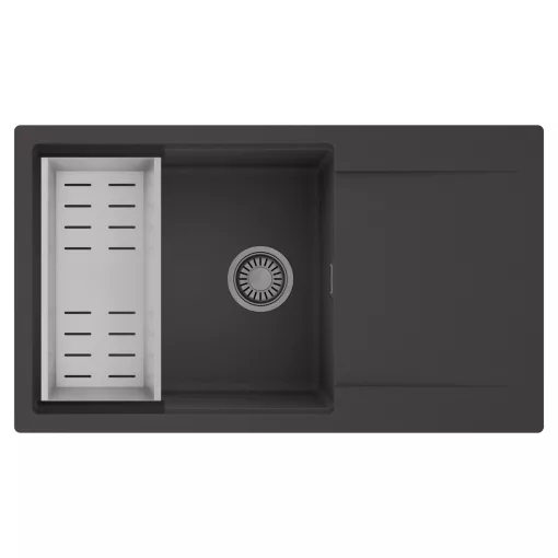 HD Onyx Antracit 86-XL egymedencés mosogatótálca szett, acél csepegtetőkosárral, csepegtetőtálcával, matt antracit színben