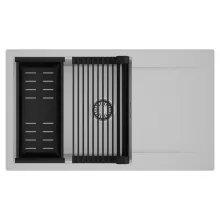 HD Onyx Grey 86-XL egymedencés mosogatótálca szett, matt fekete csepegtetőráccsal és kosárral, csepegtetőtálcával, alpesi szürke színben, szálcsiszolt króm leeresztő szifonnal