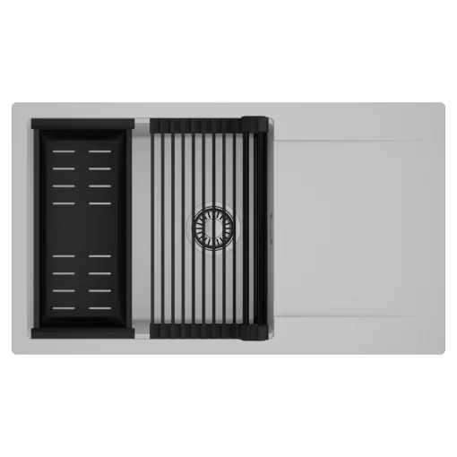 HD Onyx Grey 86-XL egymedencés mosogatótálca szett, matt fekete csepegtetőráccsal és kosárral, csepegtetőtálcával, alpesi szürke színben, szálcsiszolt króm leeresztő szifonnal