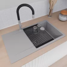 HD Onyx Grey 86-XL egymedencés mosogatótálca szett, matt fekete csepegtetőráccsal és kosárral, csepegtetőtálcával, alpesi szürke színben, szálcsiszolt króm leeresztő szifonnal