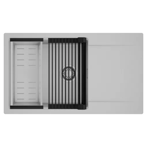 HD Onyx Grey 86-XL egymedencés mosogatótálca szett, matt fekete csepegtetőráccsal és krómozott kosárral, csepegtetőtálcával, alpesi szürke színben, szálcsiszolt króm leeresztő szifonnal