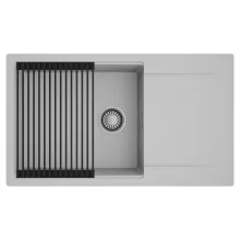 HD Onyx Grey 86-XL egymedencés mosogatótálca szett, matt fekete csepegtetőráccsal, csepegtetőtálcával, alpesi szürke színben, szálcsiszolt króm leeresztő szifonnal