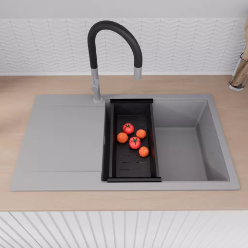 HD Onyx Grey 86-XL egymedencés mosogatótálca szett, acél csepegtetőráccsal és matt fekete kosárral, csepegtetőtálcával, alpesi szürke színben, szálcsiszolt króm leeresztő szifonnal