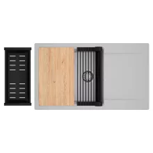 HD Onyx Grey 86-XL egymedencés gránit mosogatótálca szett, csepegtetőtálcával, vágódeszkával, matt fekete csepegtetőráccsal és kosárral, alpesi szürke színben, szálcsiszolt króm leeresztő szifonnal