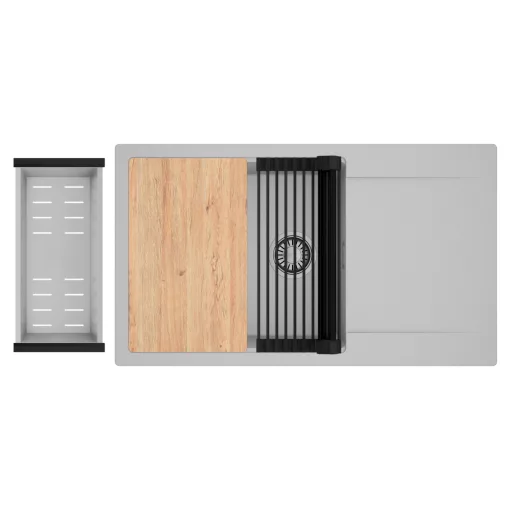 HD Onyx Grey 86-XL egymedencés gránit mosogatótálca szett, csepegtetőtálcával, vágódeszkával, matt fekete csepegtetőráccsal és krómozott kosárral, alpesi szürke színben, szálcsiszolt króm leeresztő szifonnal