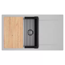 HD Onyx Grey 86-XL egymedencés gránit mosogatótálca szett, csepegtetőtálcával, vágódeszkával, matt fekete csepegtetőráccsal, alpesi szürke színben, szálcsiszolt króm leeresztő szifonnal