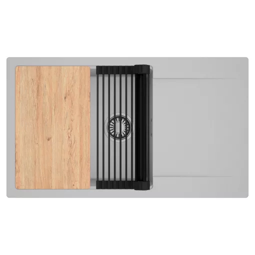 HD Onyx Grey 86-XL egymedencés gránit mosogatótálca szett, csepegtetőtálcával, vágódeszkával, matt fekete csepegtetőráccsal, alpesi szürke színben, szálcsiszolt króm leeresztő szifonnal