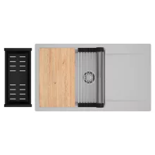 HD Onyx Grey 86-XL egymedencés gránit mosogatótálca szett, csepegtetőtálcával, vágódeszkával, acél csepegtetőráccsal és matt fekete kosárral, alpesi szürke színben, szálcsiszolt króm leeresztő szifonnal