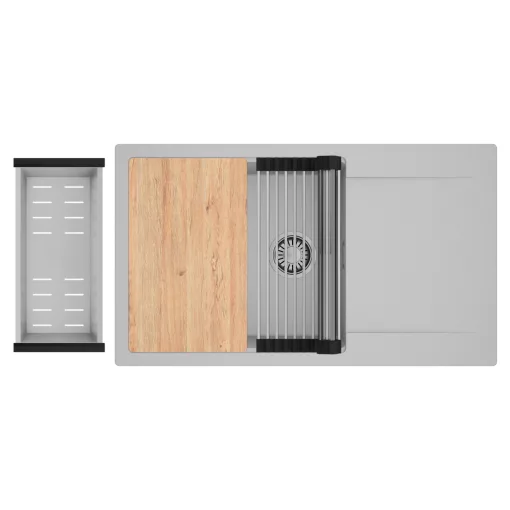 HD Onyx Grey 86-XL egymedencés gránit mosogatótálca szett, csepegtetőtálcával, vágódeszkával, acél csepegtetőráccsal és kosárral, alpesi szürke színben, szálcsiszolt króm leeresztő szifonnal