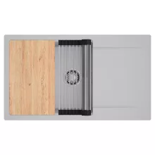 HD Onyx Grey 86-XL egymedencés gránit mosogatótálca szett, csepegtetőtálcával, vágódeszkával, acél csepegtetőráccsal, alpesi szürke színben, szálcsiszolt króm leeresztő szifonnal