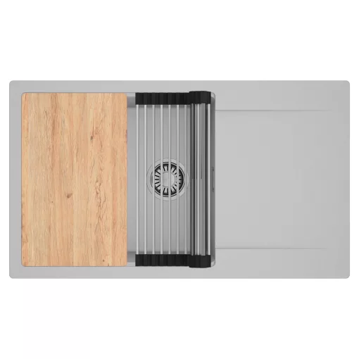 HD Onyx Grey 86-XL egymedencés gránit mosogatótálca szett, csepegtetőtálcával, vágódeszkával, acél csepegtetőráccsal, alpesi szürke színben, szálcsiszolt króm leeresztő szifonnal