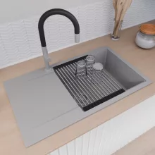 HD Onyx Grey 86-XL egymedencés gránit mosogatótálca szett, csepegtetőtálcával, vágódeszkával, acél csepegtetőráccsal, alpesi szürke színben, szálcsiszolt króm leeresztő szifonnal