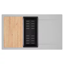 HD Onyx Grey 86-XL egymedencés gránit mosogatótálca szett, csepegtetőtálcával, vágódeszkával, matt fekete csepegtetőkosárral, alpesi szürke színben, szálcsiszolt króm leeresztő szifonnal