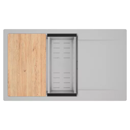 HD Onyx Grey 86-XL egymedencés gránit mosogatótálca szett, csepegtetőtálcával, vágódeszkával, acél csepegtetőkosárral, alpesi szürke színben, szálcsiszolt króm leeresztő szifonnal